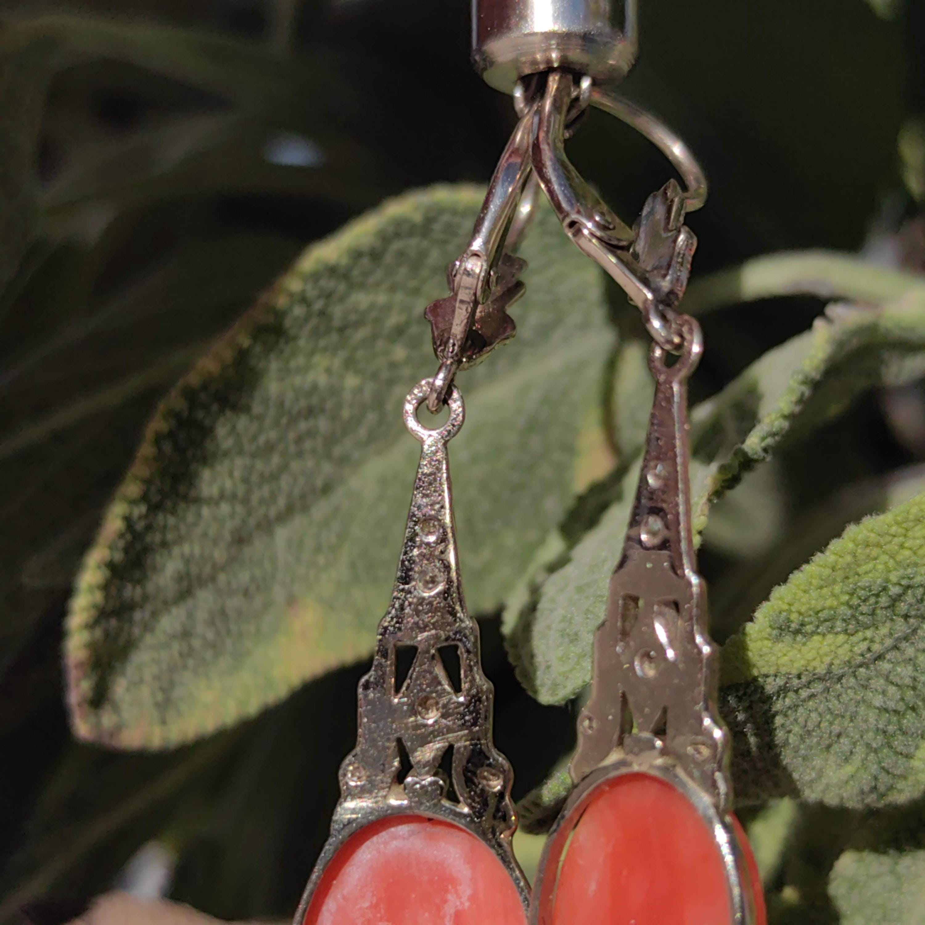 Art Deco Coral Diamond Earrings: 14k Yellow Gold Dangle Earrings