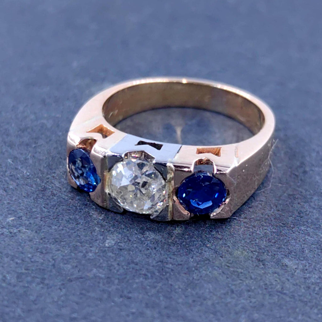 Art Deco 14k Gold Ring: .85ct Old European Cut Diamond & Sapphire