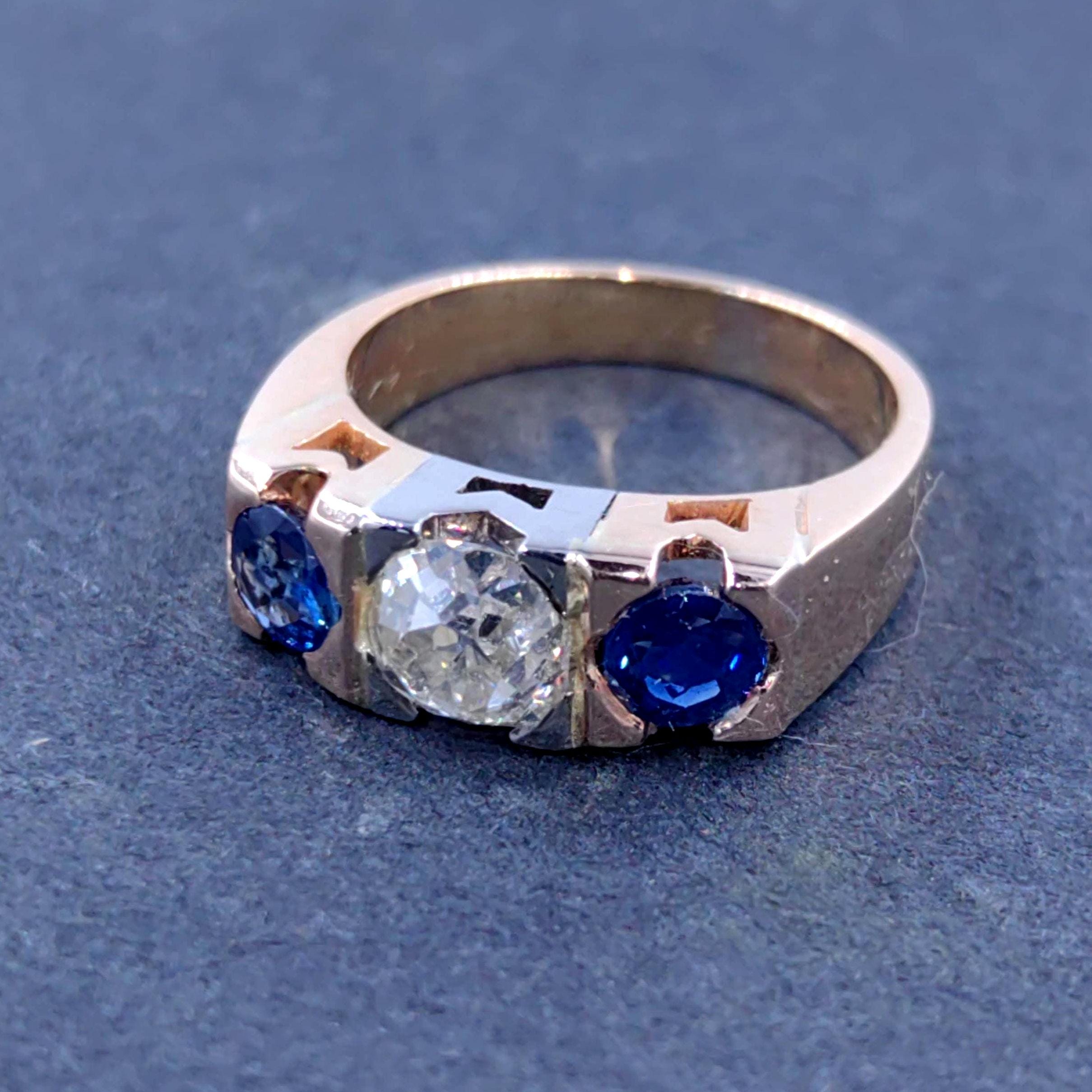 Art Deco 14k Gold Ring: .85ct Old European Cut Diamond & Sapphire