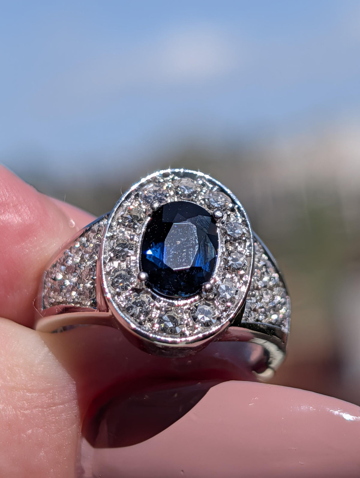 Natural Sapphire Diamond 18k 750 Hallmarked Solid White Gold Mid Century Engagement Ring, Vintage Antique Elegant Ring Gift for Her