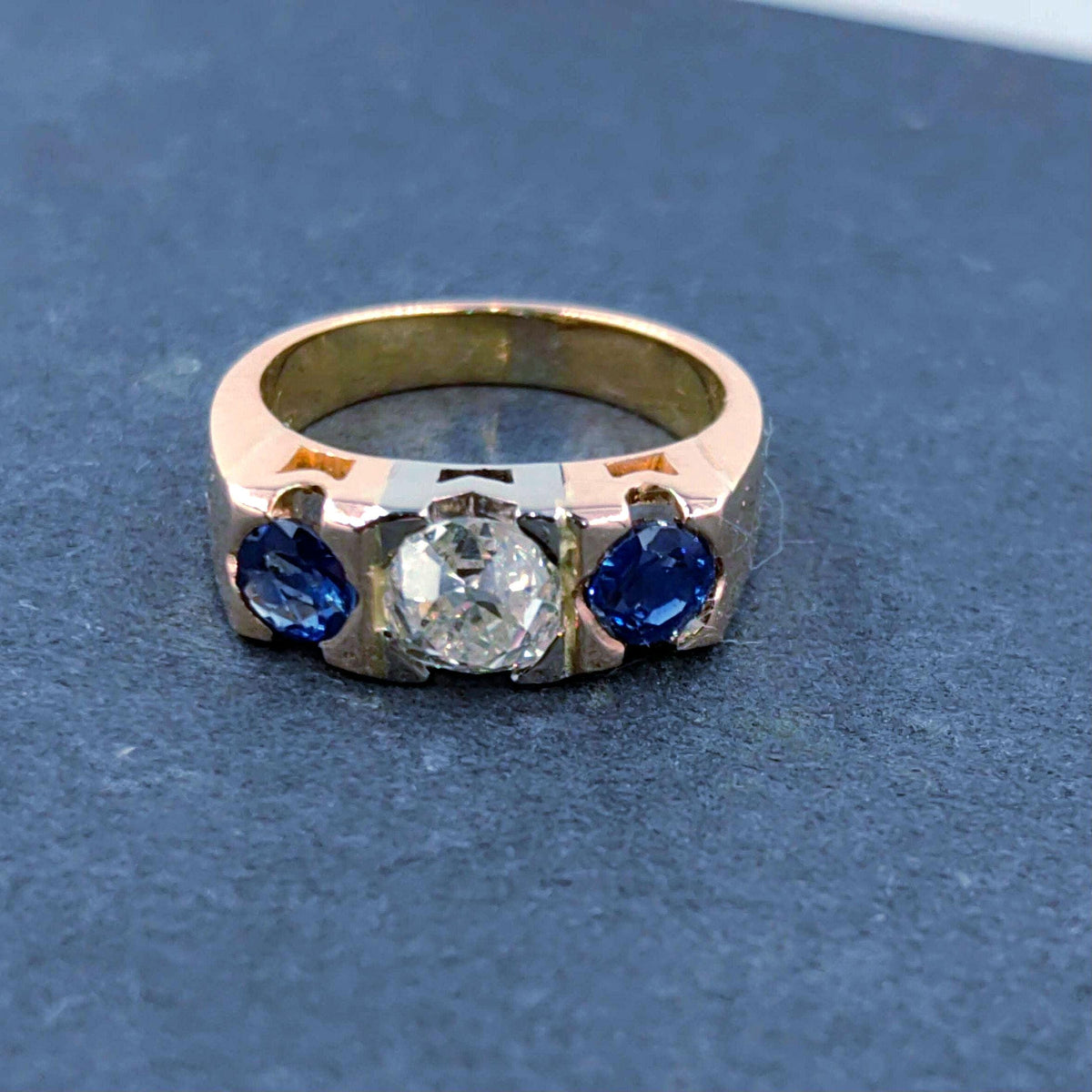 Art Deco 14k Gold Ring: .85ct Old European Cut Diamond & Sapphire