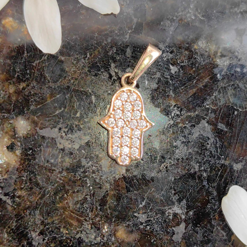 Vintage Cubic Zirconia Solid 9k Hallmarked Yellow Gold Hand of Hamsa Hand of Fatima  Middle Eastern Protection Luck Pendant Bracelet Charm