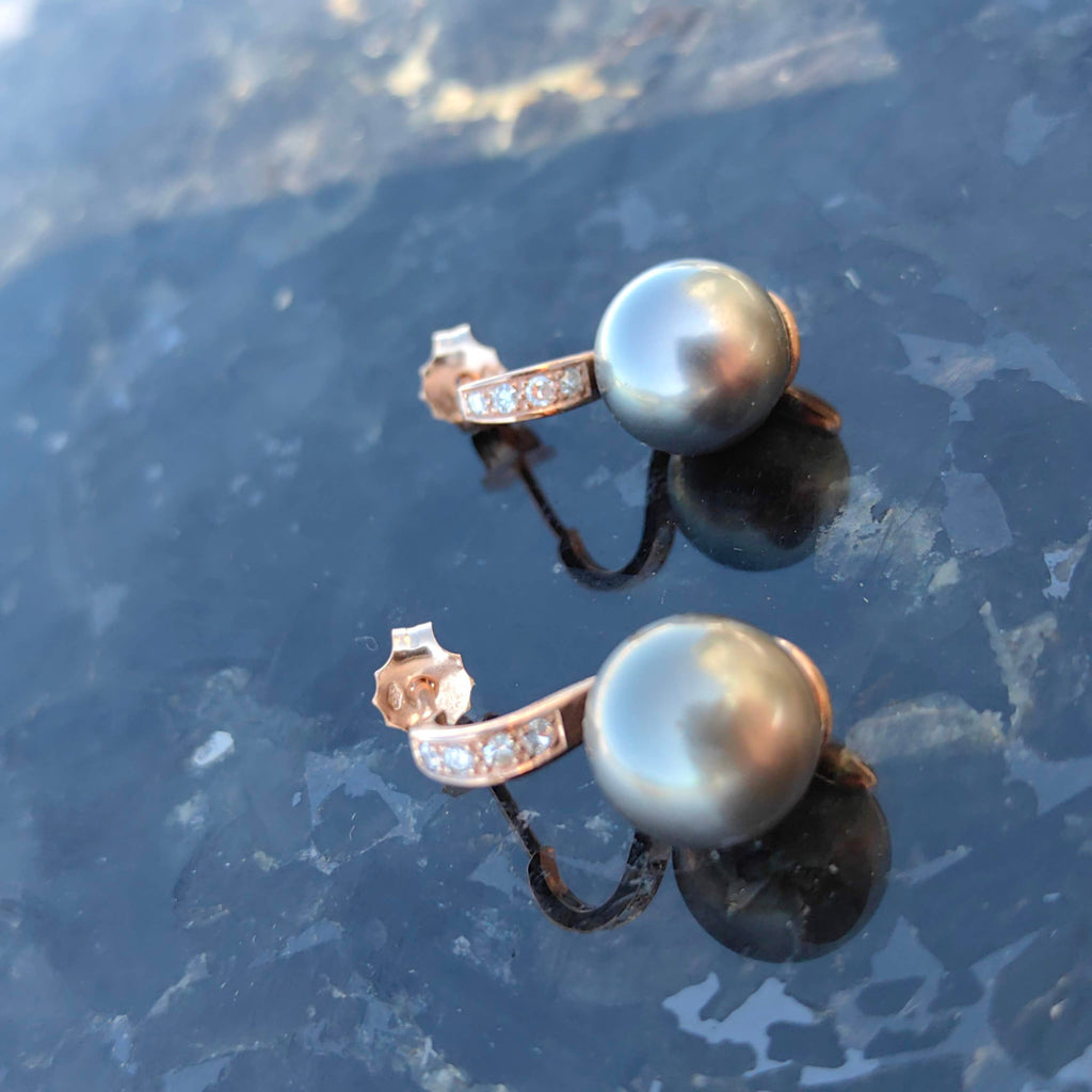 Vintage 15mmTahitian Cultured Franch Polinesia Pearl Diamond 14K Solid Gold Stud Earrings