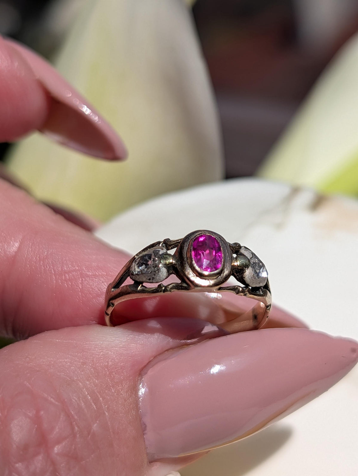 Victorian Ruby Rose Cut Diamond Ring 14k Yellow Rose Champagne Gold Silver, Antique 1890s Gypsy Alliance Band Engagement Gift for Her
