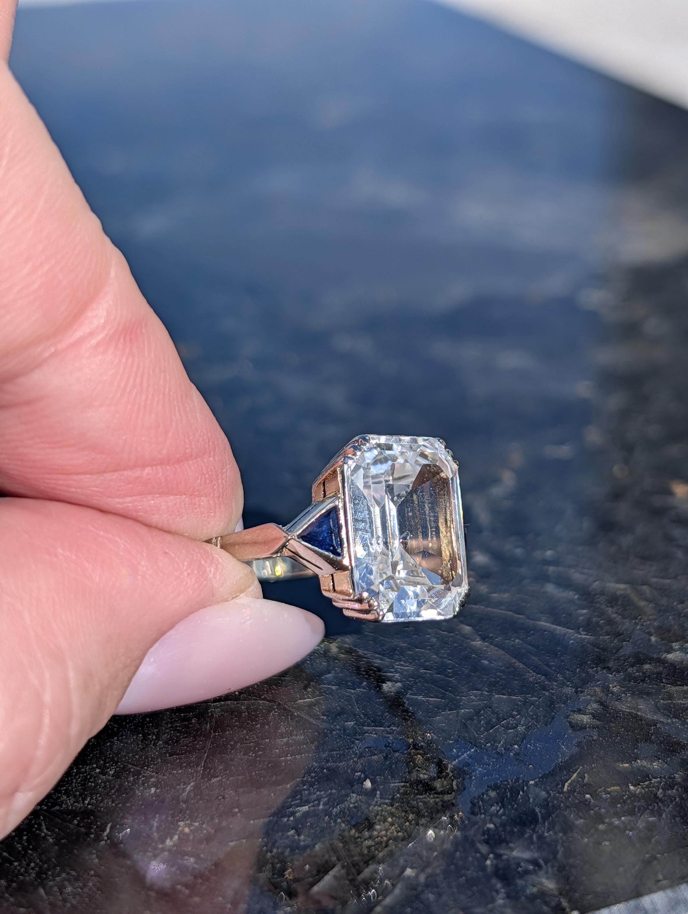 RESERVED!! French Art Deco Goshenite Sapphire Ring, 18k Gold Emerald Cut Beryl Cocktail Ring