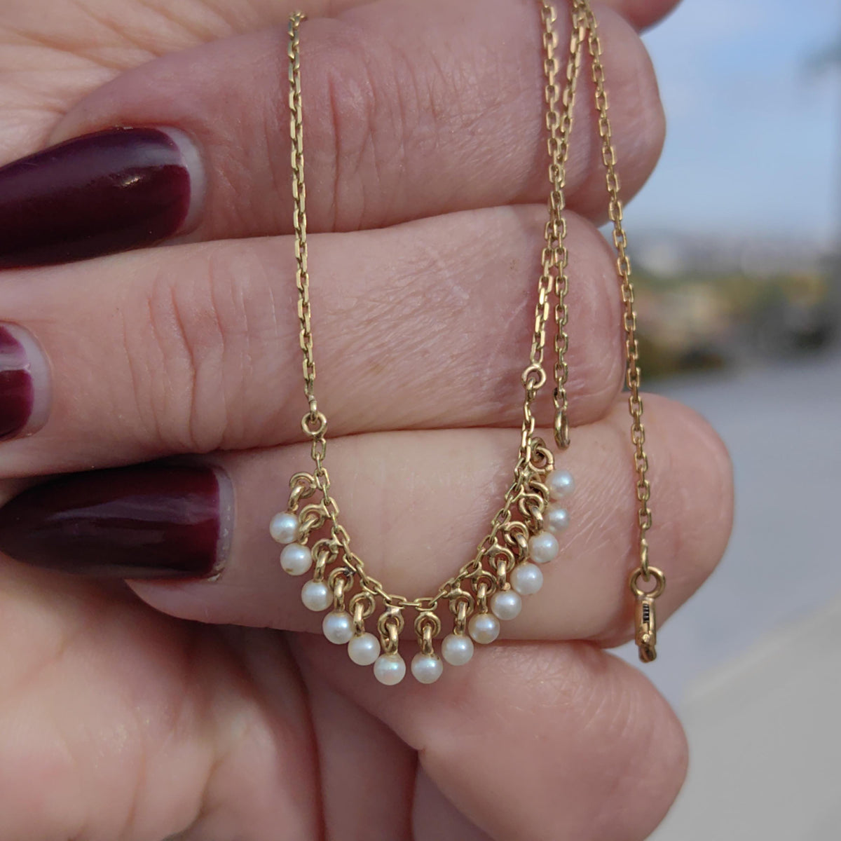 Victorian 1890s French Vintage Solid Yellow Gold Dainty Small Natural Gris Pearl Beaded Chain Necklace Elegant Antique Necklace