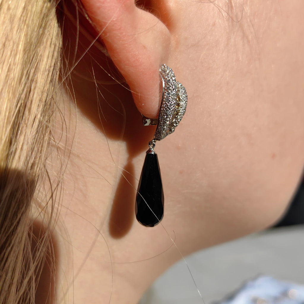 Vintage White and Champagne Diamond Onyx 18k Solid White Gold Statement Dangle Earrings