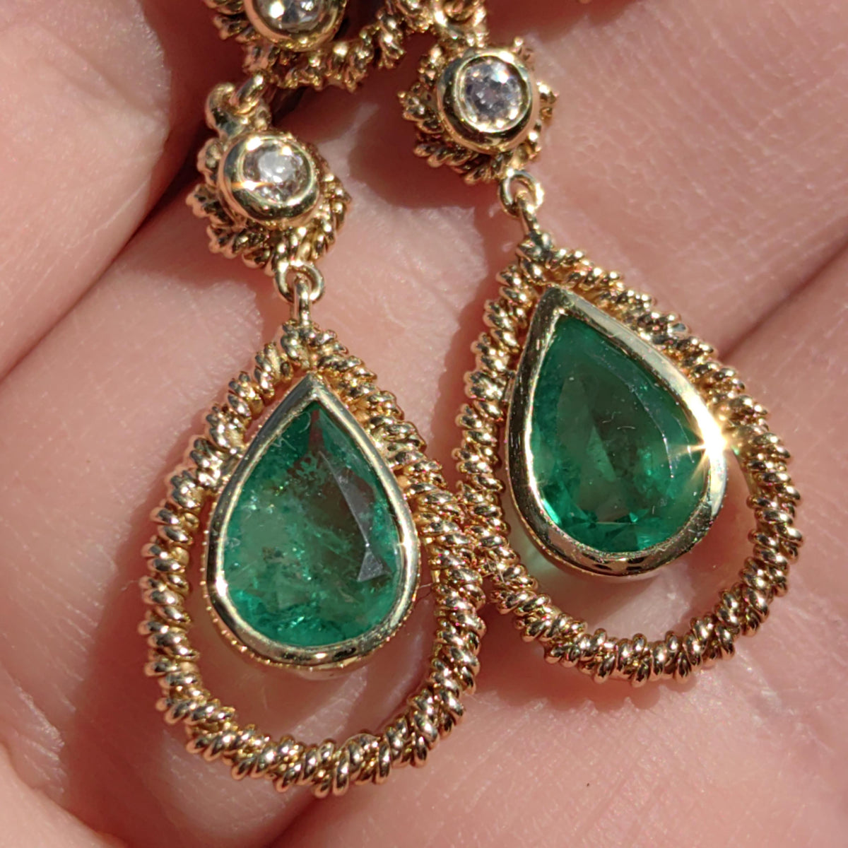 Antique Emerald Diamond 18k Gold Dangle Earrings: Mid Century French Dormeuses