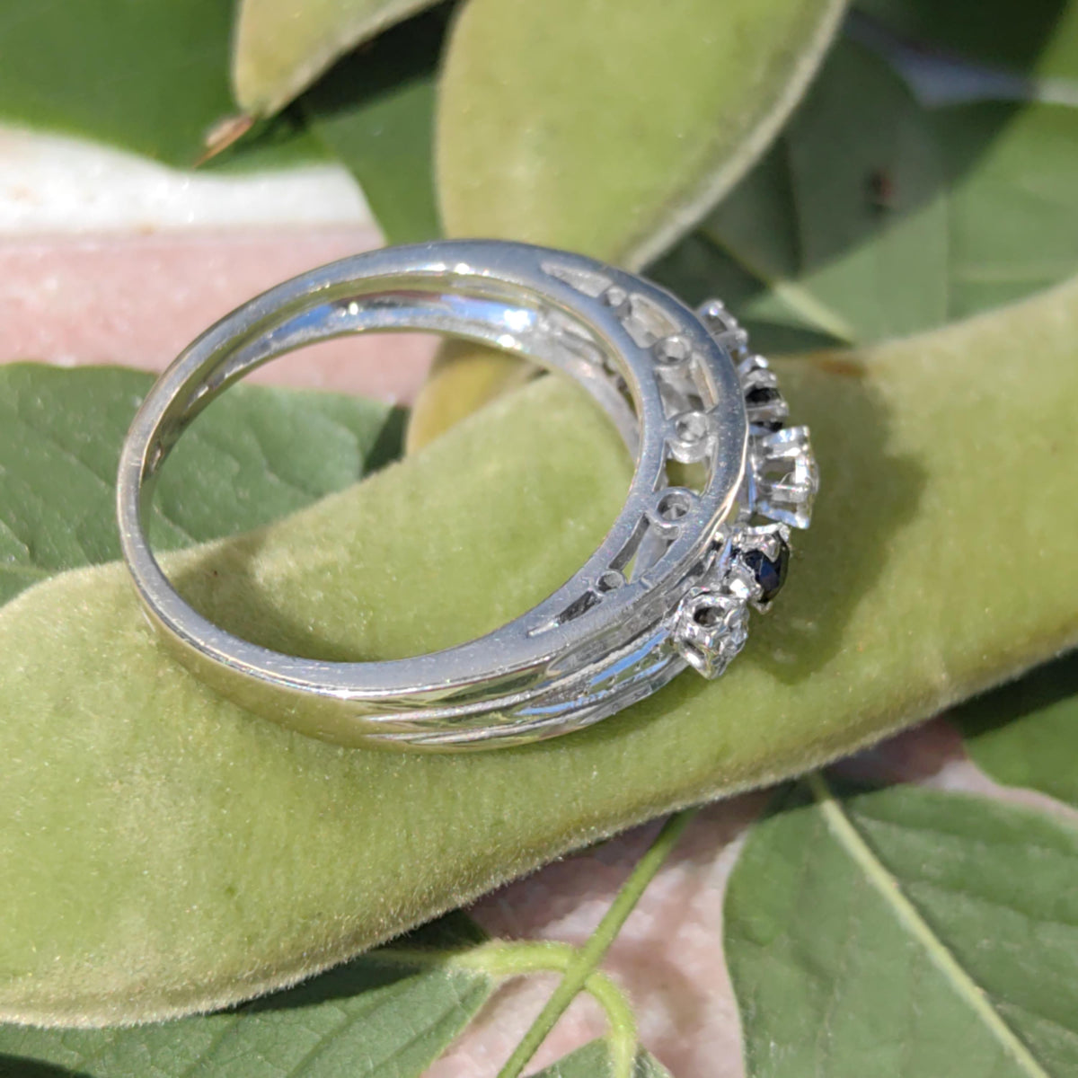 Natural Sapphire Diamond 14k 585 Hallmarked Solid White Gold Engagement Ring, Vintage Antique 1960s Elegant Ring Gift for Her