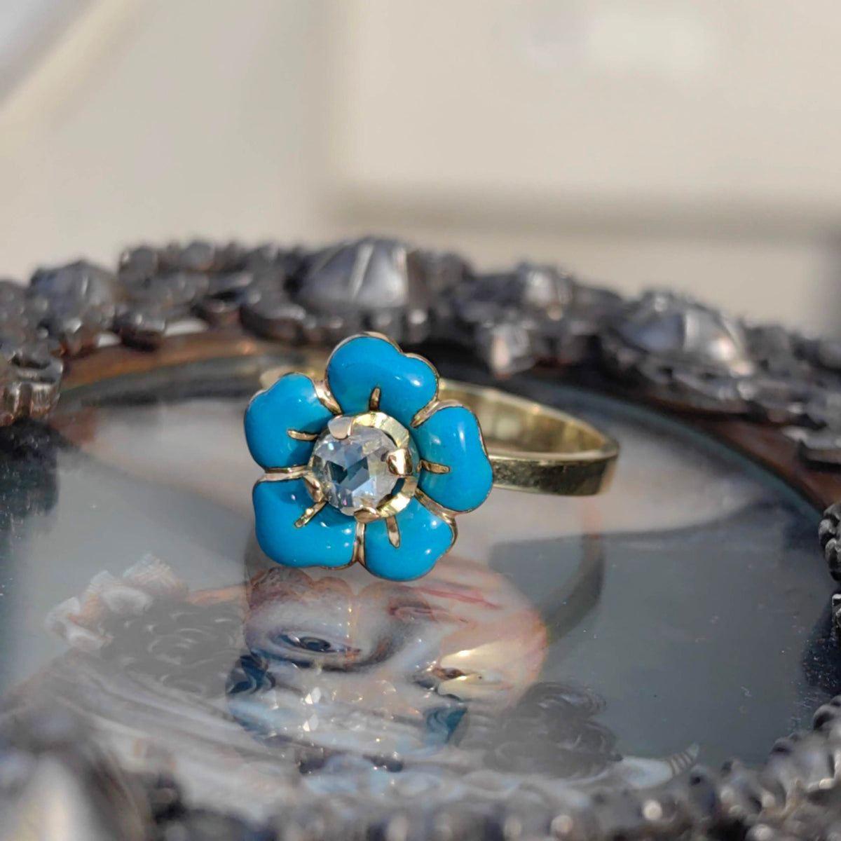 Victorian 14k Gold Diamond Ring: Turquoise Enamel Floral Design