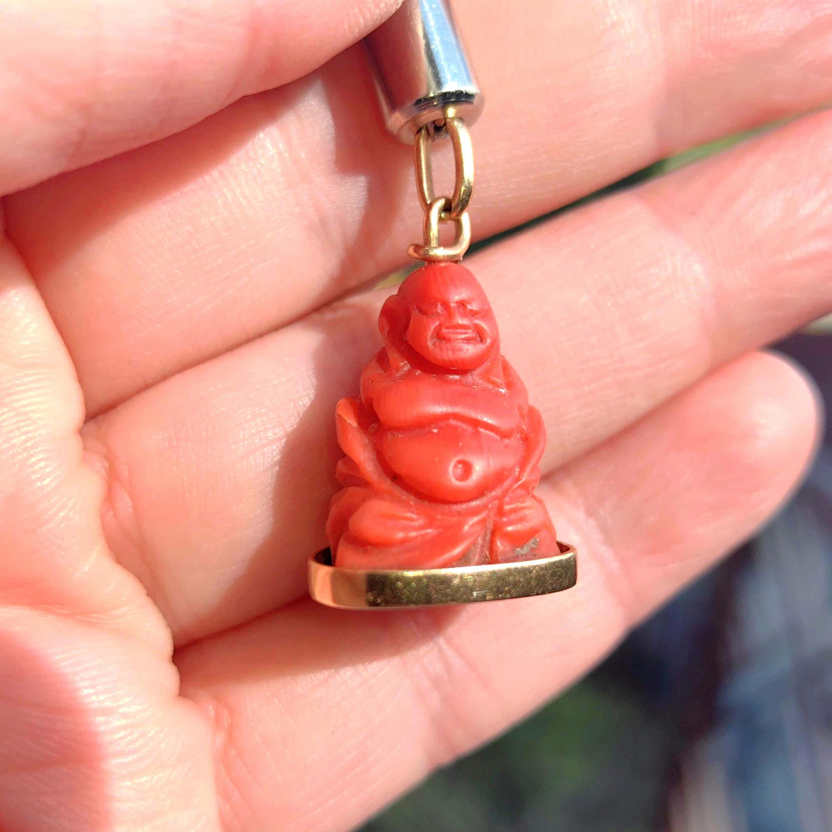 Vintage Coral Buddha Pendant: Antique Chinese 18k Gold Carving
