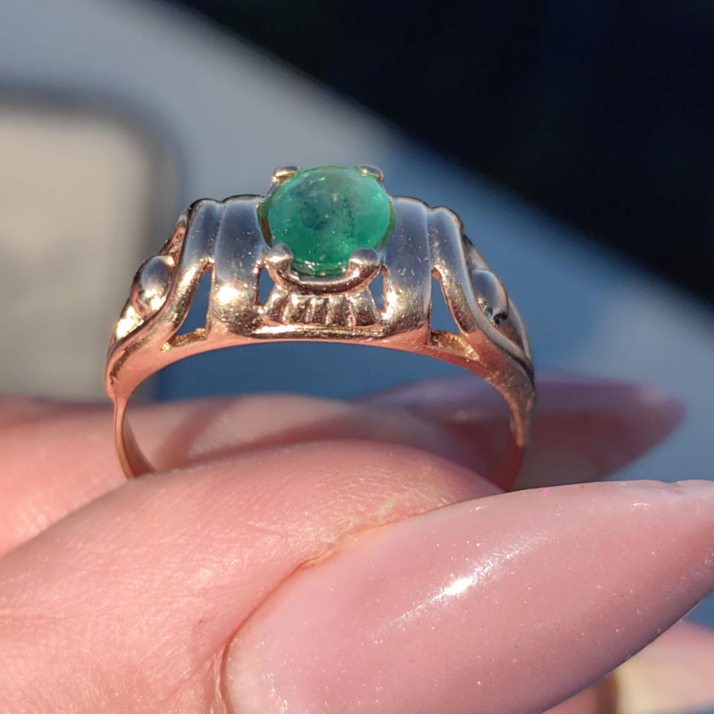 Art Nouveau 1900s Emerald Hallmarked 14k 585 Solid Yellow Rose Gold Antique Vintage Oval Natural Stone Band Solitaire Ring Gift Present