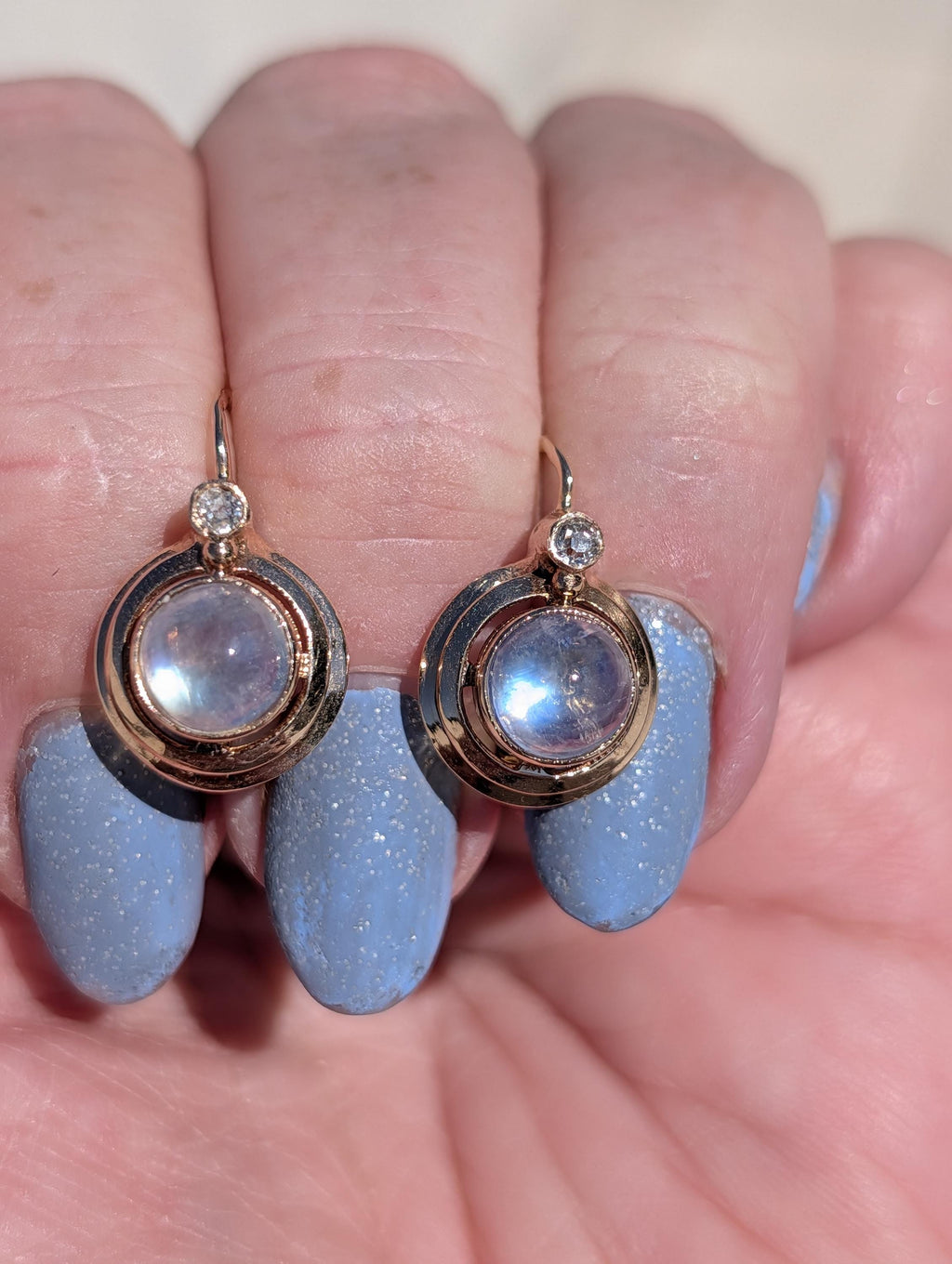 1920s Art Deco Moonstone Diamond Earrings, 14k Rose Gold, Hungarian Hallmarked Dangle