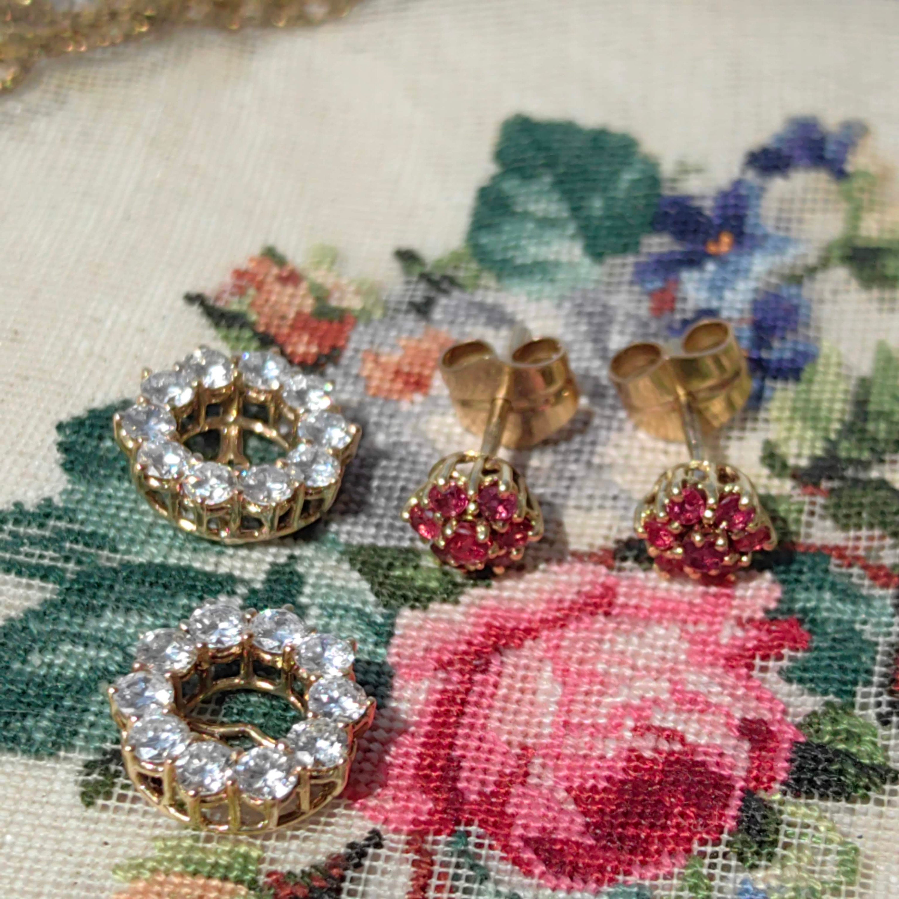 Vintage 18K Gold Floral Earrings: Ruby and Diamond Studs