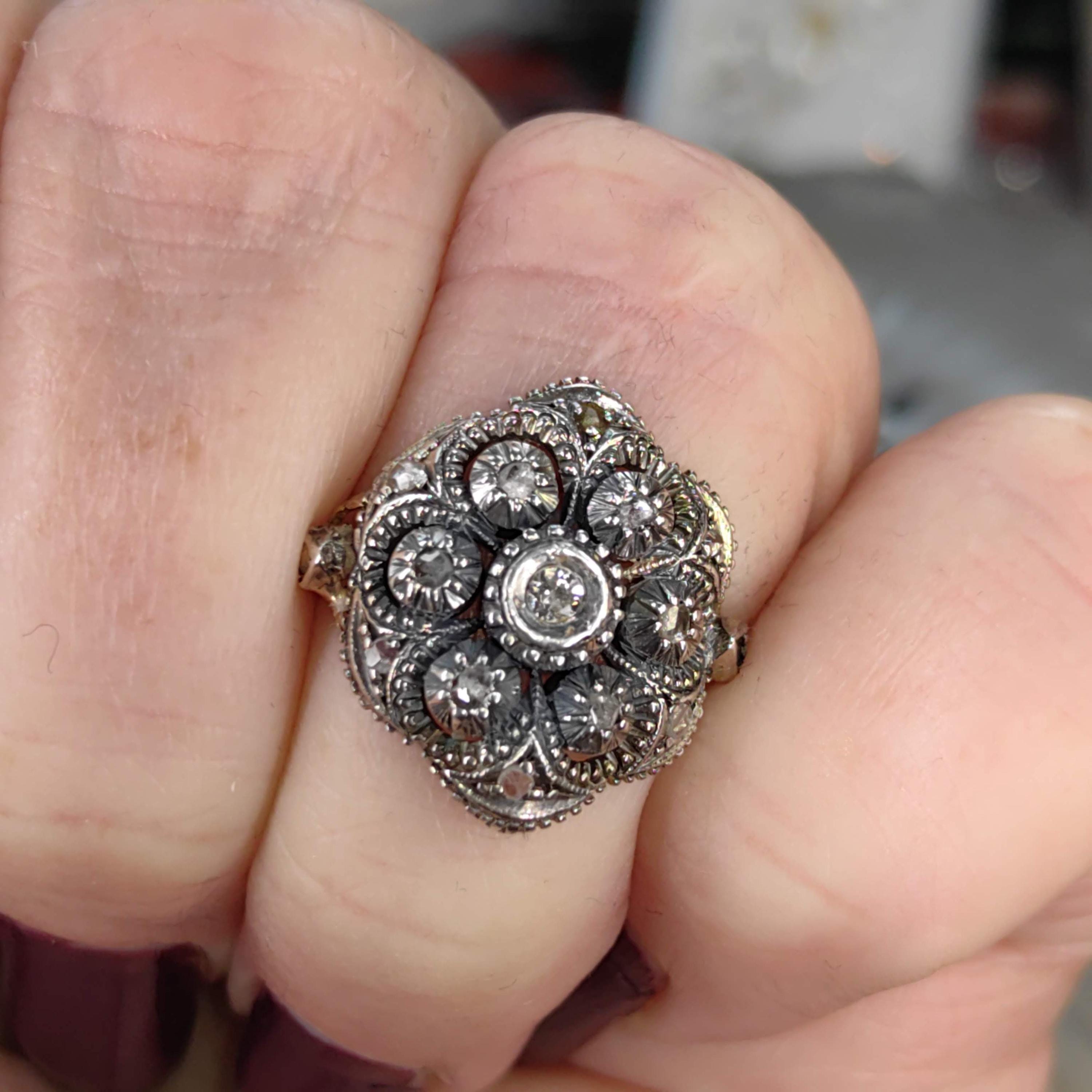 Antique Art Deco 1920s natural Old European Rose Diamond Engagement Ring 18k Solid yellow Gold Silver Setting Floral Statement Ring Gift