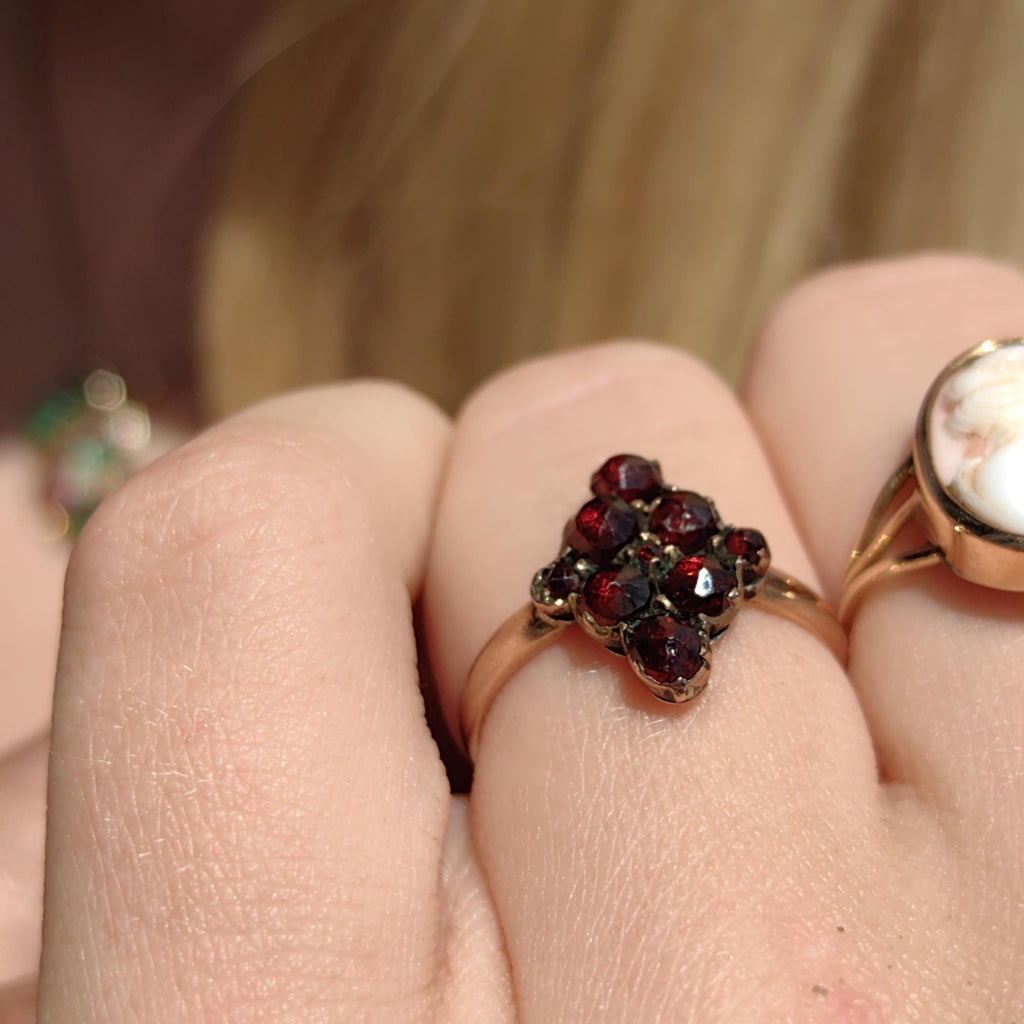 Antique 14k Yellow Gold Garnet Ring: Hand-Chiseled Floral Design
