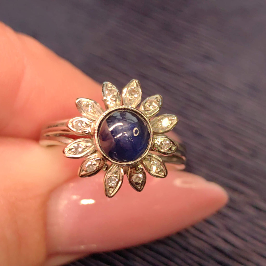 1940s Natural Blue Sapphire Diamond 18k Hallmarked White Gold Mid Century Flower Floral Engagement Antique Elegant Ring Gift for Her
