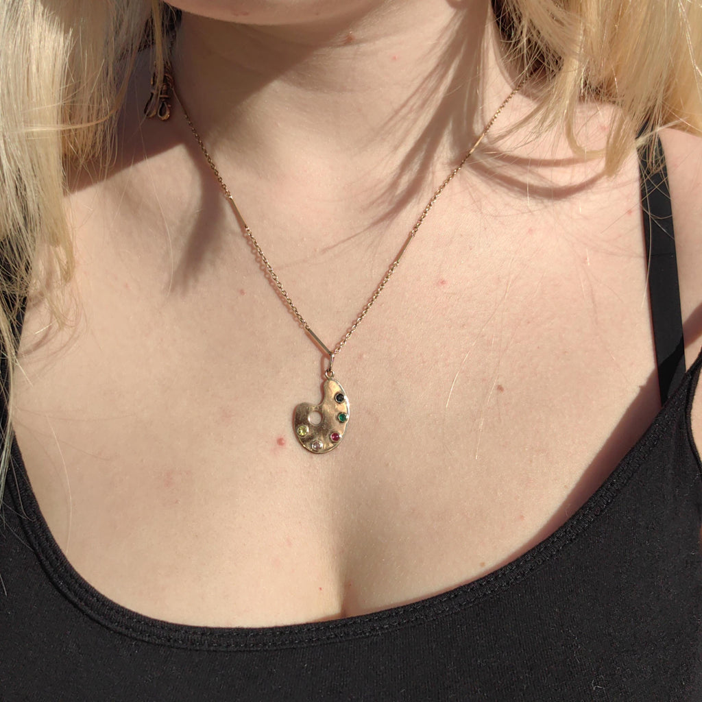 Vintage Solid Hallmarked Gold Paint Colourful Emerald Sapphire Ruby Citrine Diamond Multi Stone Pendant Art Painter Artist Creative Charm