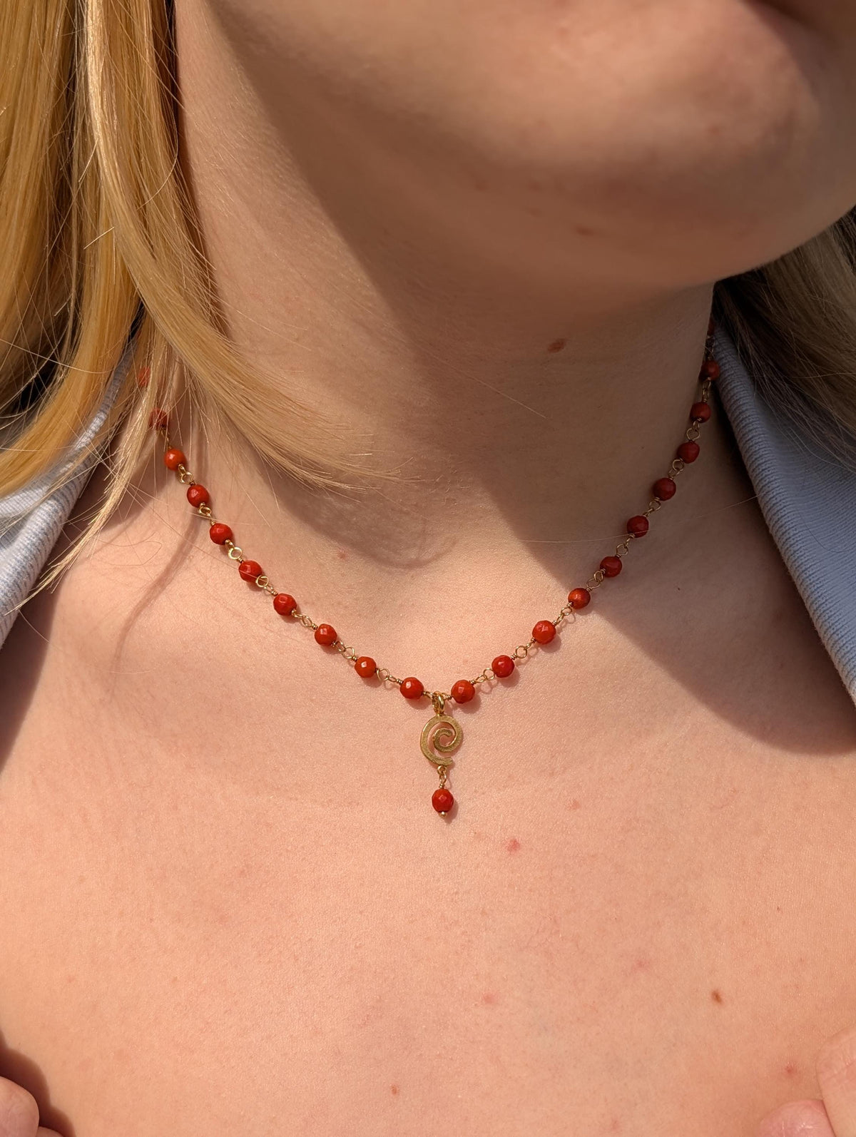 Vintage 1980s Mediterranean Red Coral Beaded Necklace 18k Yellow Gold Hallmarked Faceted Beads Fine Jewelry Gift for Her