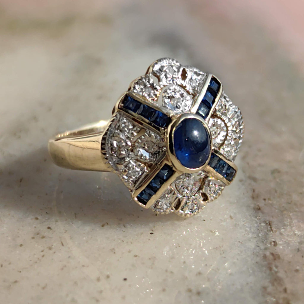 Vintage Art Deco 14k Gold Sapphire Diamond Ring - Size 6.5
