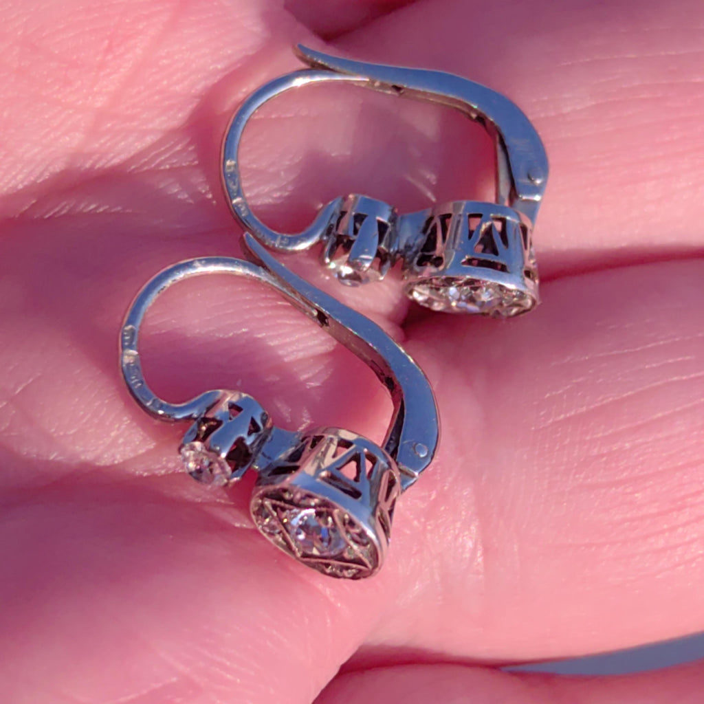 1920s Diamond Sleeper Earrings: Antique 14k White Gold Wedding Jewelry