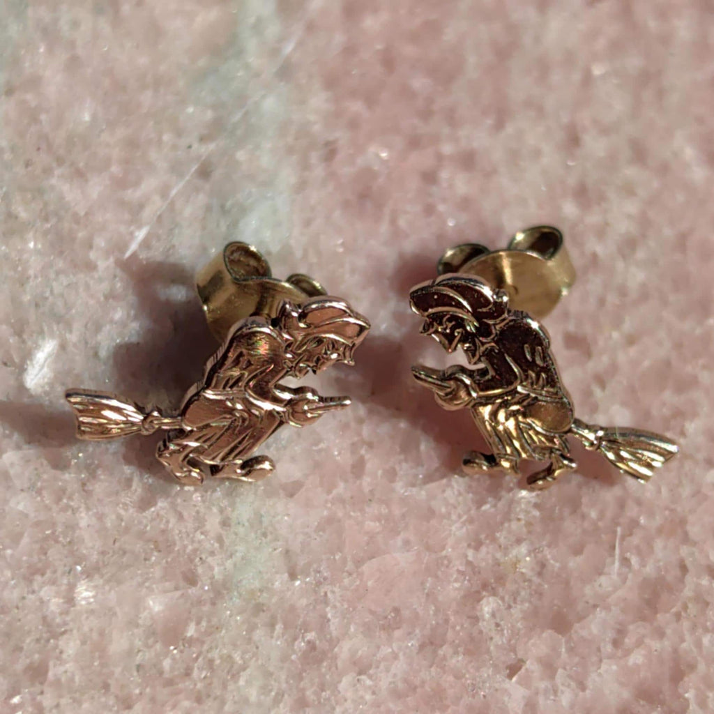 14k Gold Witch Broom Earrings: Antique Mystical Studs