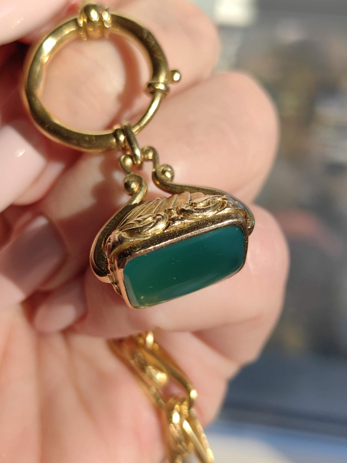 Victorian 14k Gold Chrysophrase Watch Fob Pendant: Hand-Chiseled 1880s Statement Piece