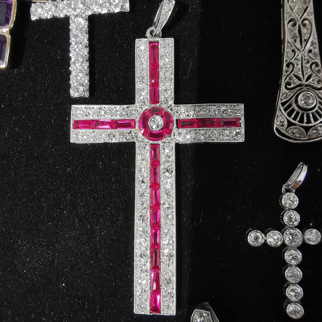 Huge Diamond and Ruby Platinum Vintage Edwardian Cross Pendant