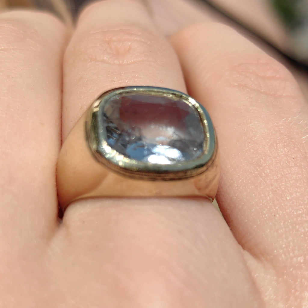 1940s Aquamarine 14k Yellow Gold Ring: Geometric Unisex Statement
