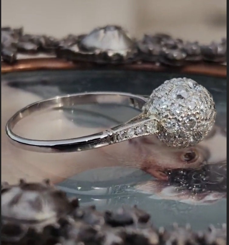 Art Deco Platinum Diamond Globe Ring: 1930s Antique Pavé Engagement