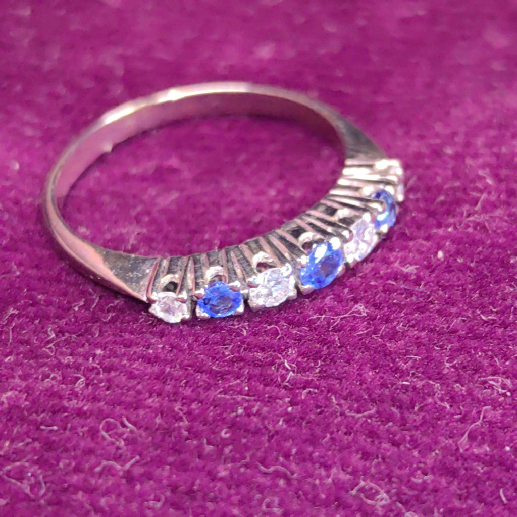 Vintage Sapphire Diamond Band 1950s Mid Century 18k White Gold Engagement Ring, Elegant Gift for Her Present Stackable Ring