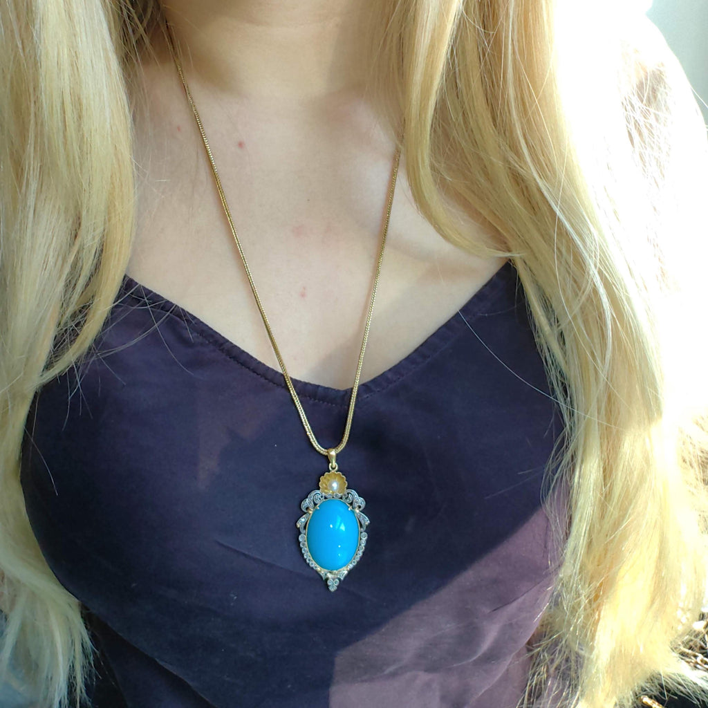 1930s Art Deco Turquoise Pendant: 18k Yellow Gold Diamond Pearl Necklace