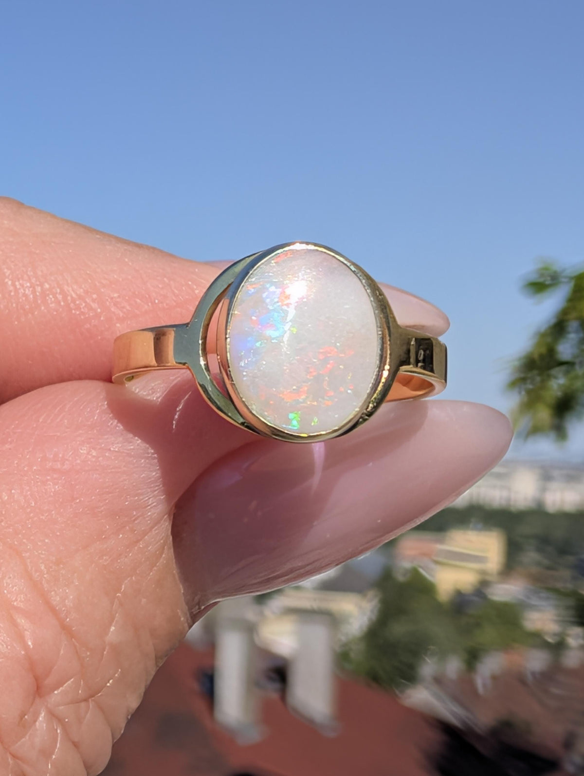 Vintage 1980s Natural White Opal Ring 14k Solid Yellow Gold Hungarian Hallmarked Oval Cabochon Fine Jewelry Gift for Her