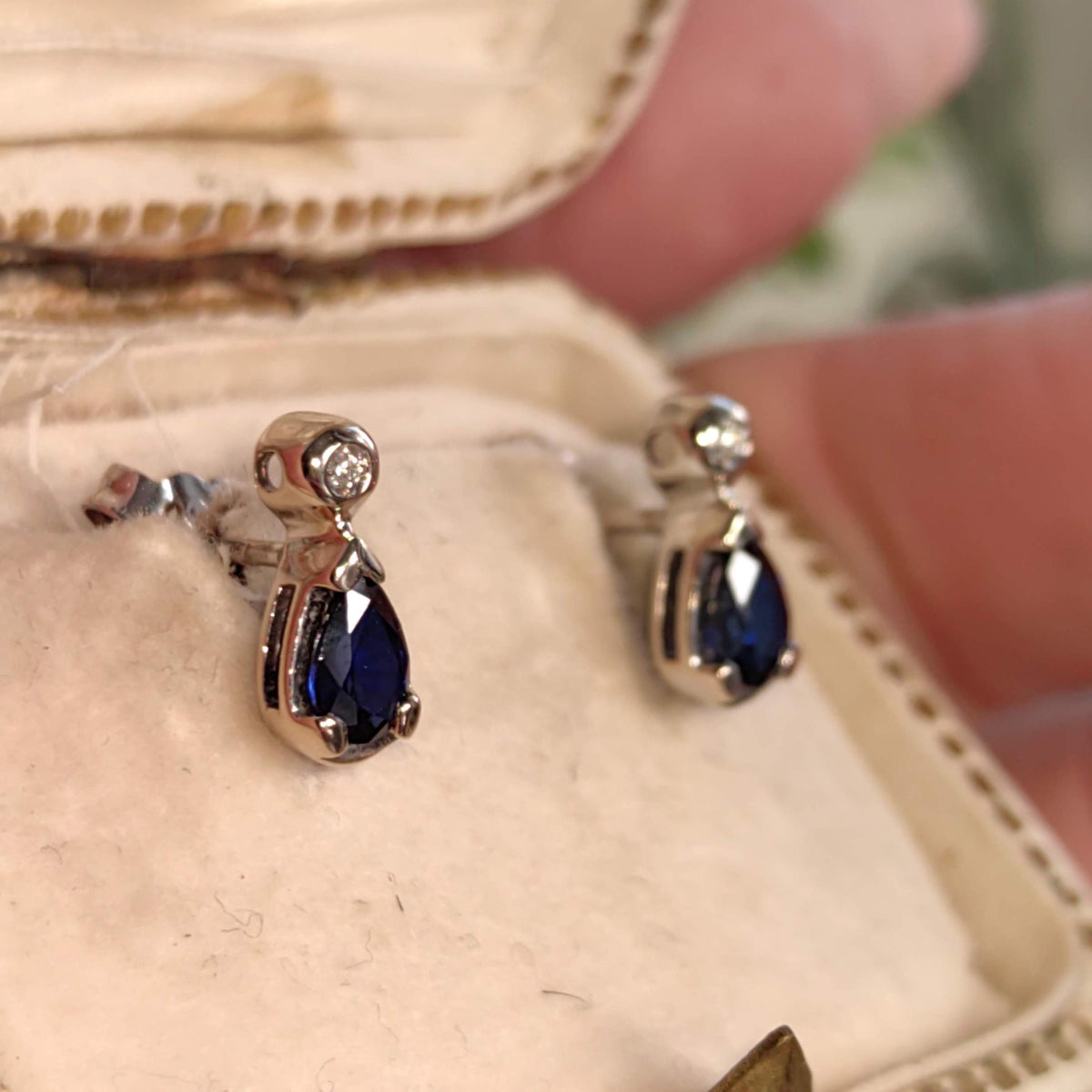 Sapphire and Diamond Hallmarked 18k Solid White Gold Earrings Antique Vintage Blue White Stud Earrings, Gift for Her Anniversary Earrings