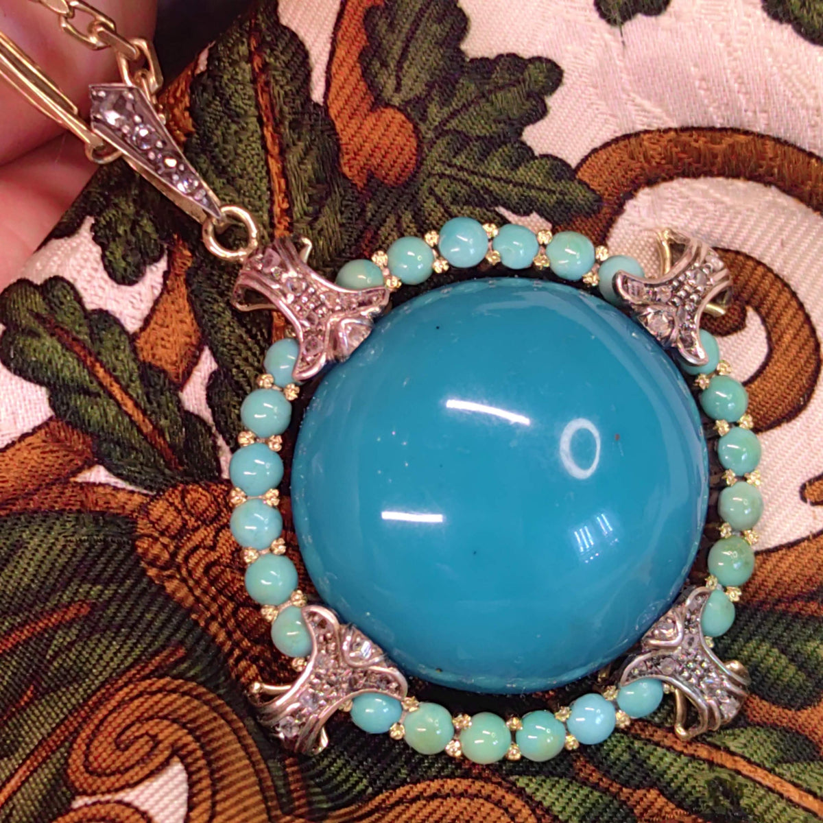 1930s Art Deco Natural Blue Turquoise Pendant 18k Solid Yellow Gold Rose Diamond Statement Pendant Charm Gift for Her Present