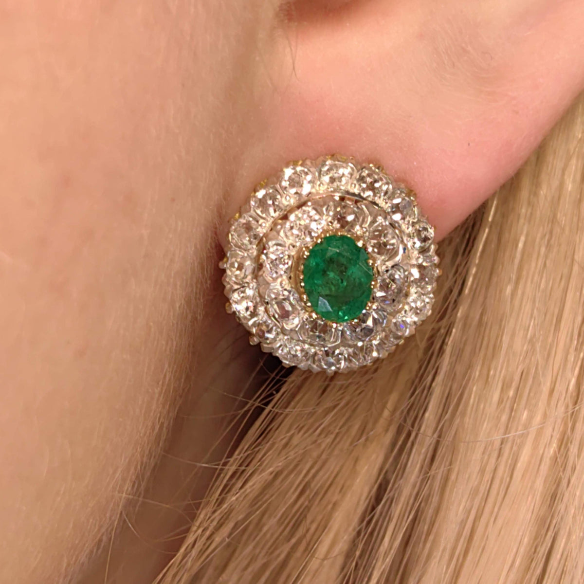 Victorian 1890s Vintage Diamond Emerald Solid 18k Hallmarked Yellow Gold Round Statement Elegant Earrings Latch Back Closure Gift for Her