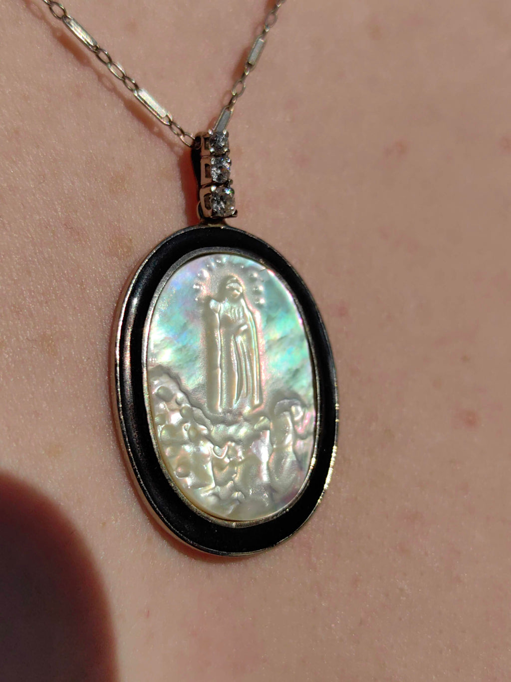 Art Deco 1920s 14k Solid Yellow Gold Jesus Pendant Natural Diamond, Mother of Pearl & Onyx Handmade Gift for her Present