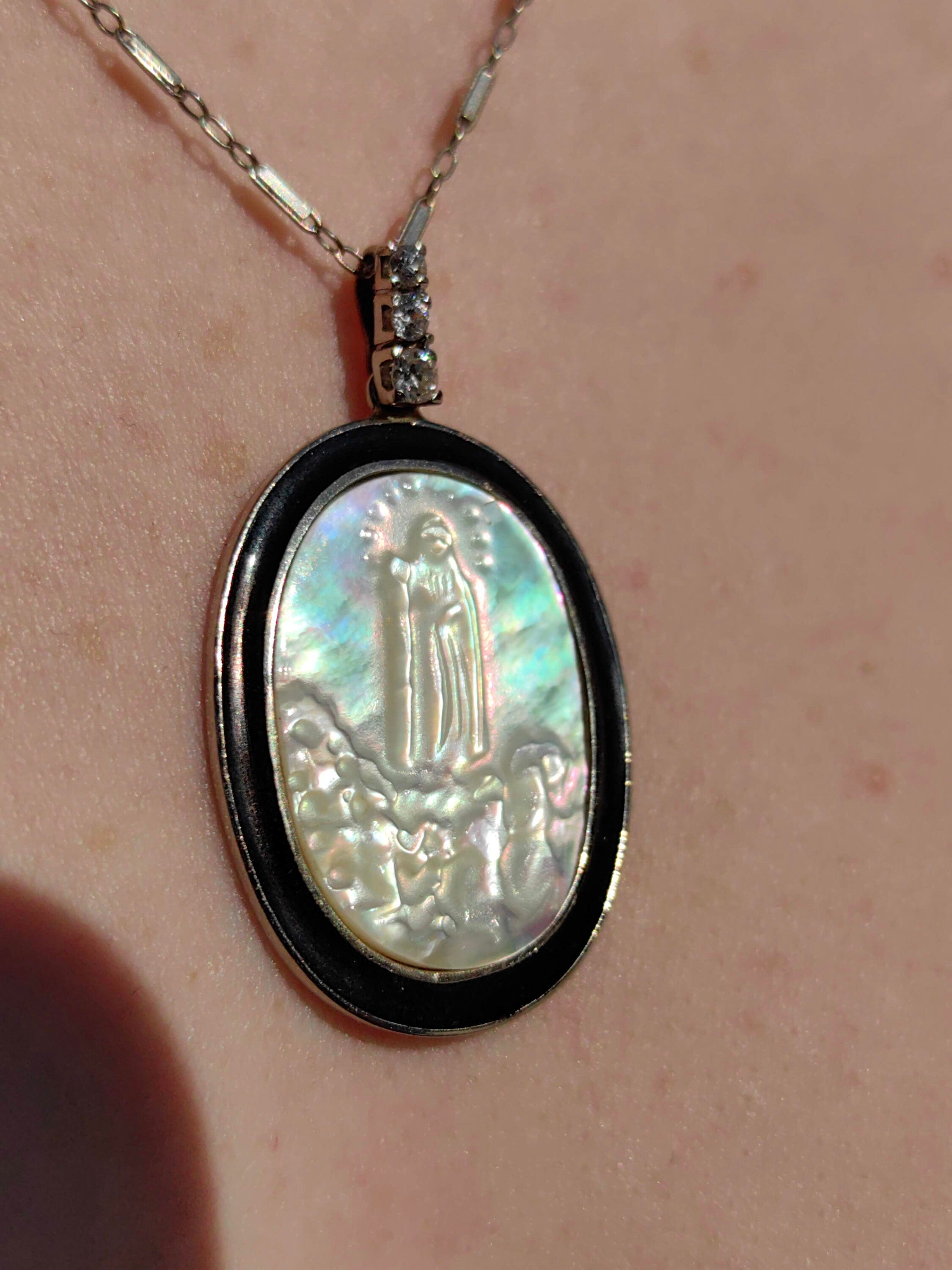 Art Deco 1920s 14k Solid Yellow Gold Jesus Pendant Natural Diamond, Mother of Pearl & Onyx Handmade Gift for her Present