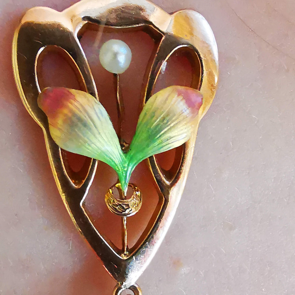 Art Nouveau 1900s French Pearl and 14k Solid Yellow Rose Champagne Gold Enamel Floral Statement Pendant Elegant Gift for Her