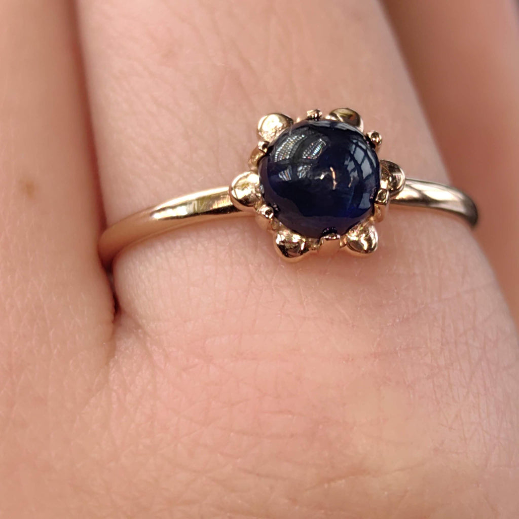 Vintage Blue Natural Cabochon Sapphire Solid Yellow Gold Dainty Ring Sapphire Engagement Ring Gift for Her Present