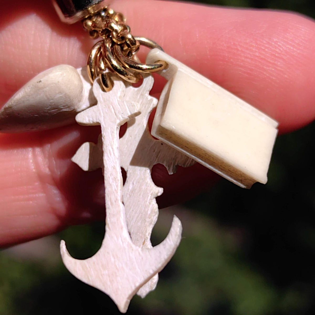 Victorian Bone Charm Pendant: 14k Gold Heart, Cross, Anchor, Book