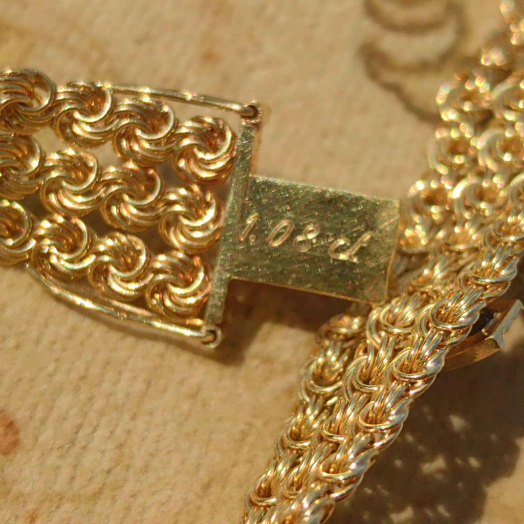 Art Deco Sapphire Diamond Bracelet: 14k Yellow Gold Chain, 1940s Vintage