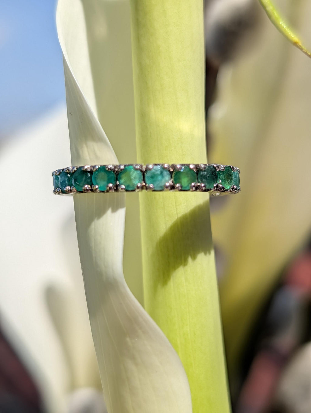 Vintage Natural Emerald Eternity Setting18k Solid White Gold Ring  Stackable Green Engagement  Band Gift for Her Present