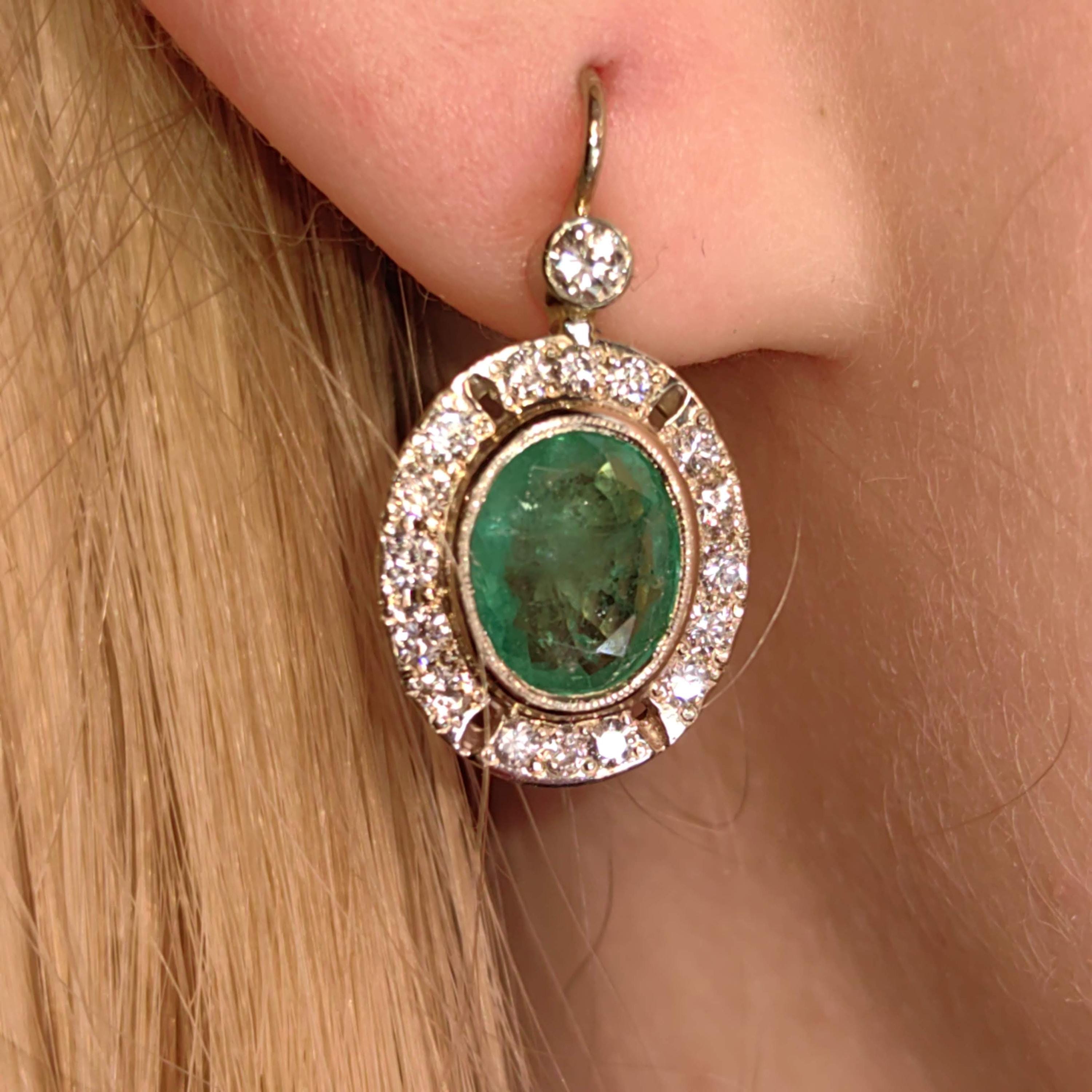 Mid Century 1950s Genuine High Quality Green Emeralds and Diamond Earrings  14k Solid White Gold Sleepers Dangle Earrings gift for her