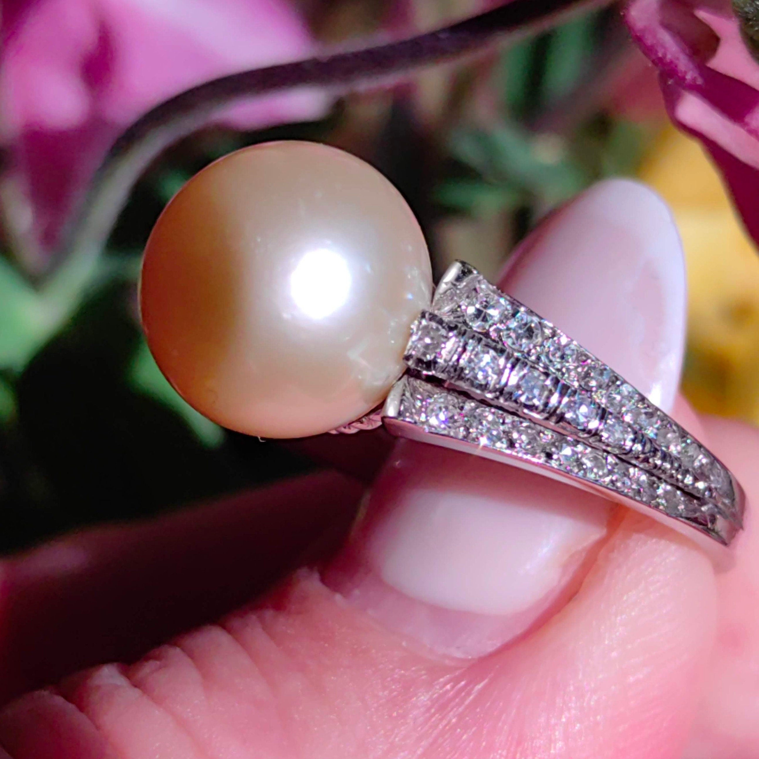 Vintage 1940s Platinum Ring: Natural Pearl & Diamond Accent