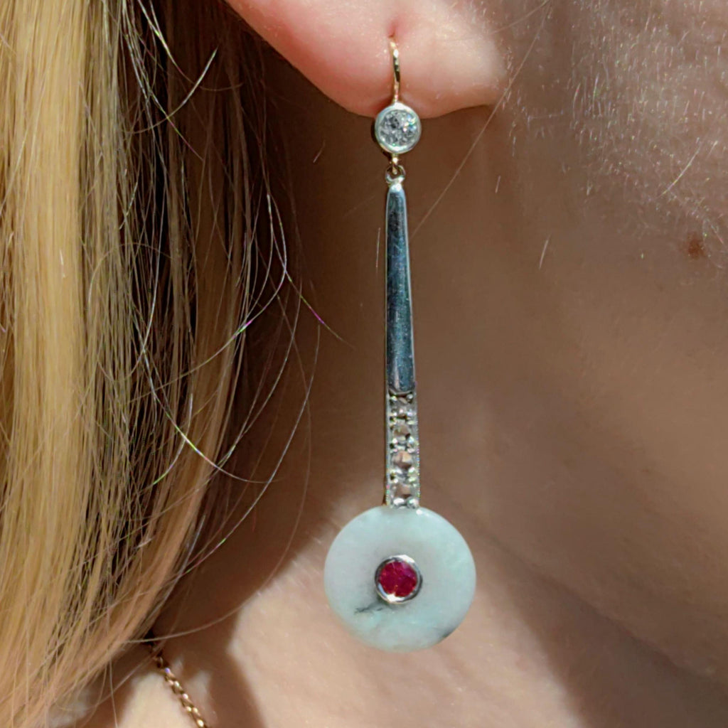 Unic Art Deco white/green Jade Drop Dangle Earrings old cut Diamond Natural Ruby 14k Solid white/yellow Gold ancient Jade discs stunning