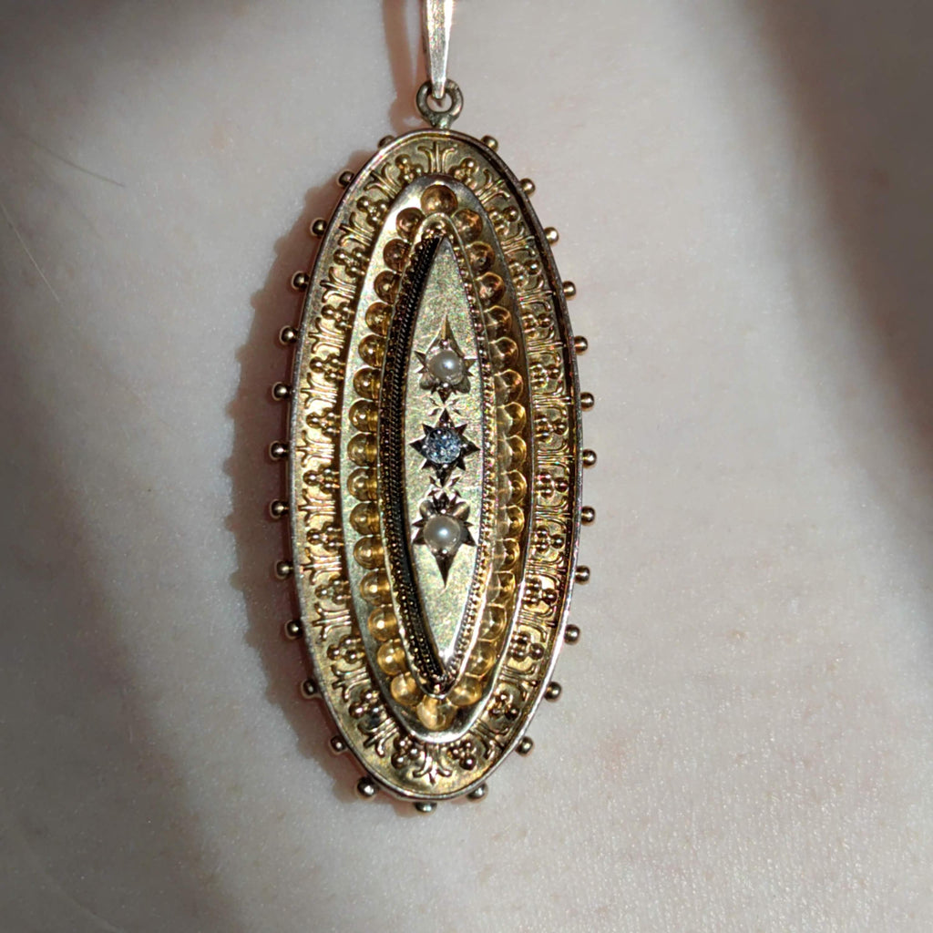 Victorian 15k Gold Locket Pendant: Diamond & Pearl Picture Frame, 1880s