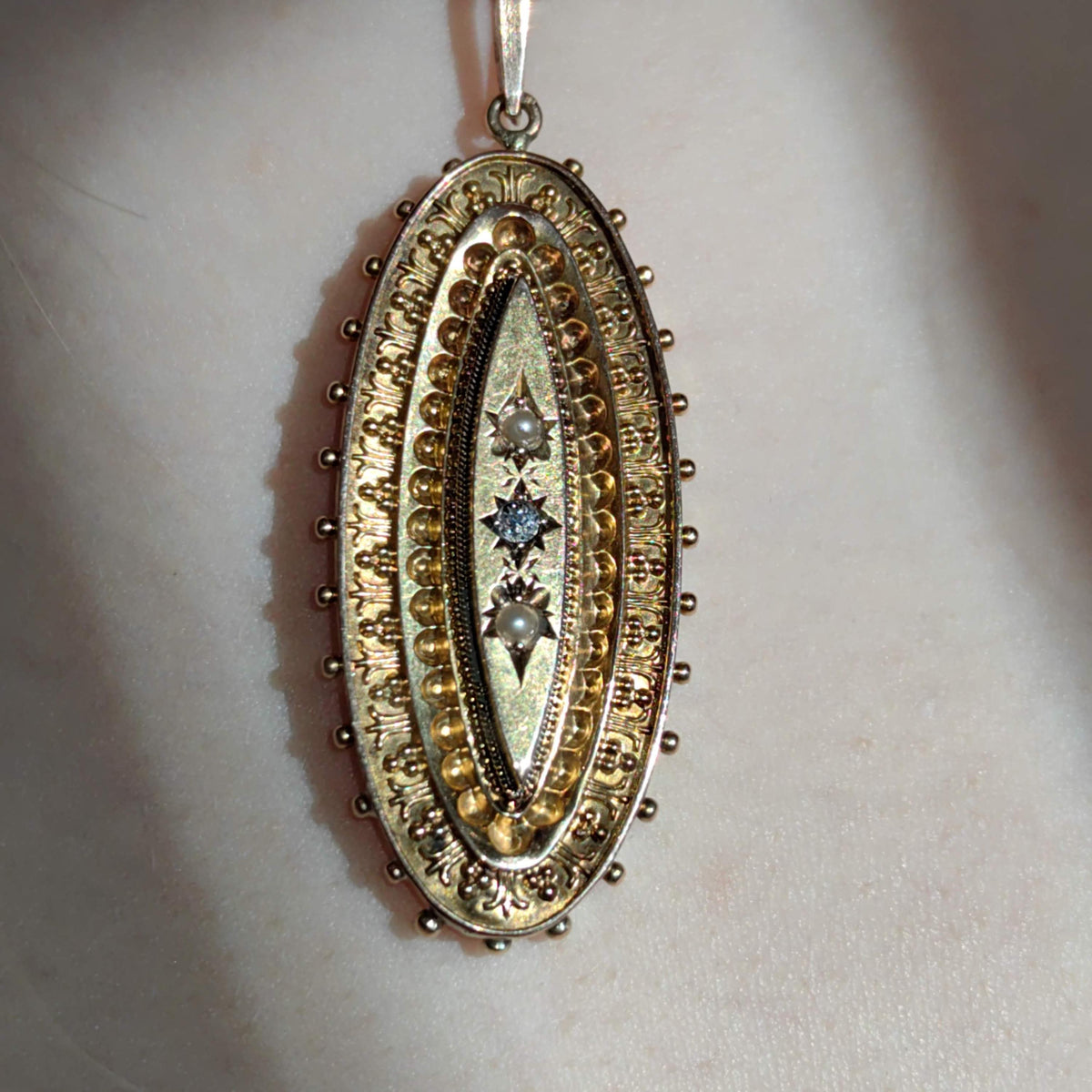 Victorian 15k Gold Locket Pendant: Diamond & Pearl Picture Frame, 1880s