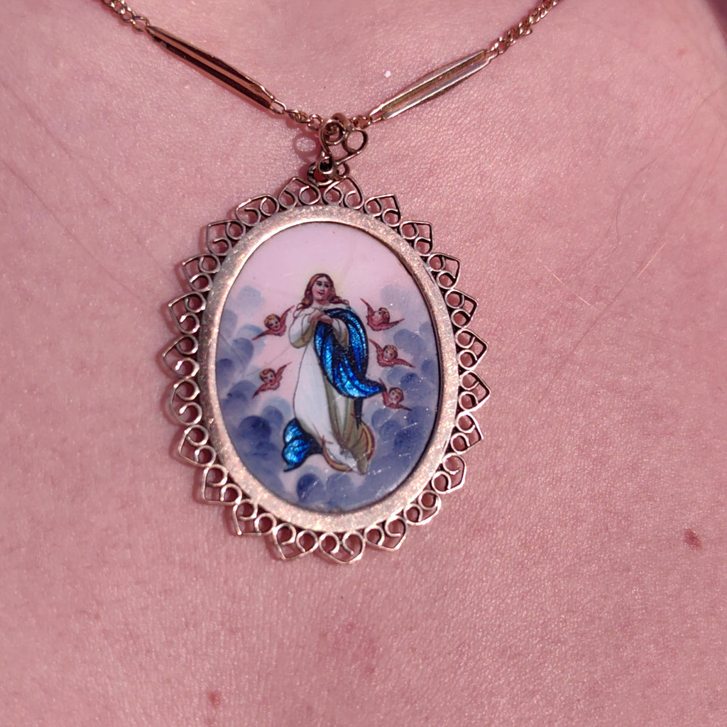 Antique Enamel Virgin Mary Pendant: 14K Gold Art Nouveau Religious Charm