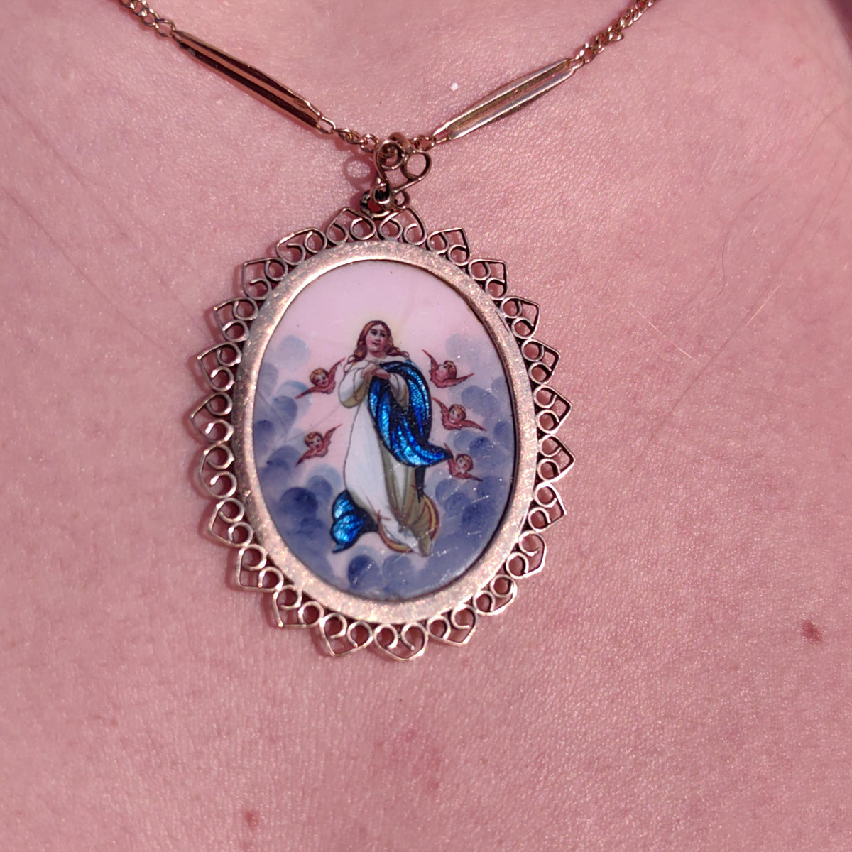 Antique Enamel Virgin Mary Pendant: 14K Gold Art Nouveau Religious Charm